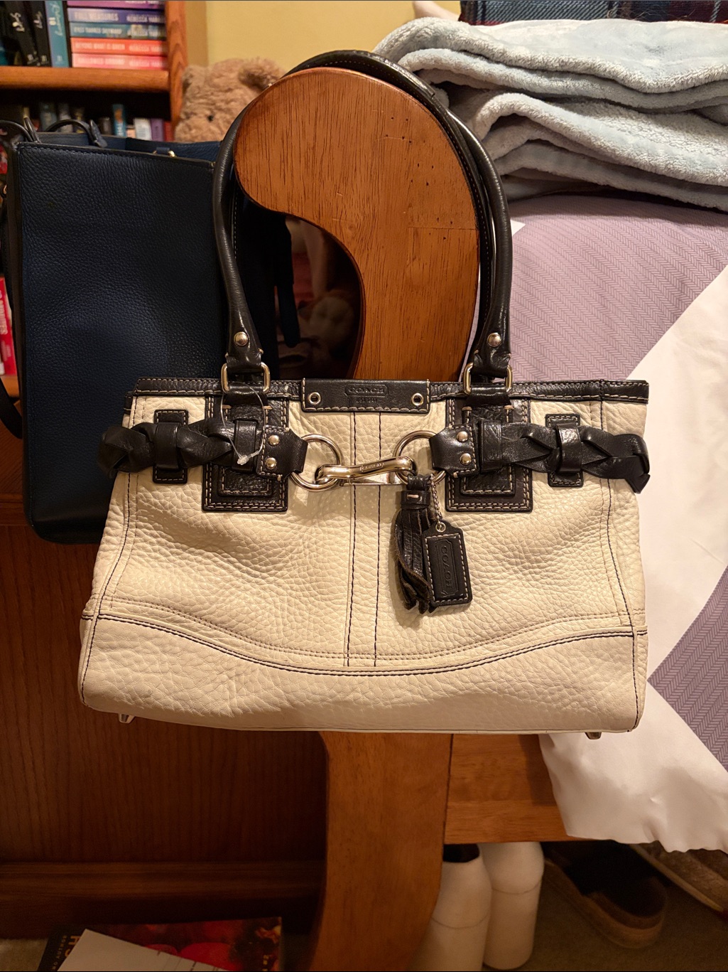 Coach Cream Pebbled Leather Satchel With Black Trim And Braided Detail